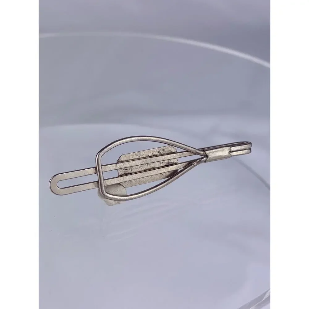 E Initial Silver Tone Tie Clip Bar White Black Enamel Retro Vintage O1